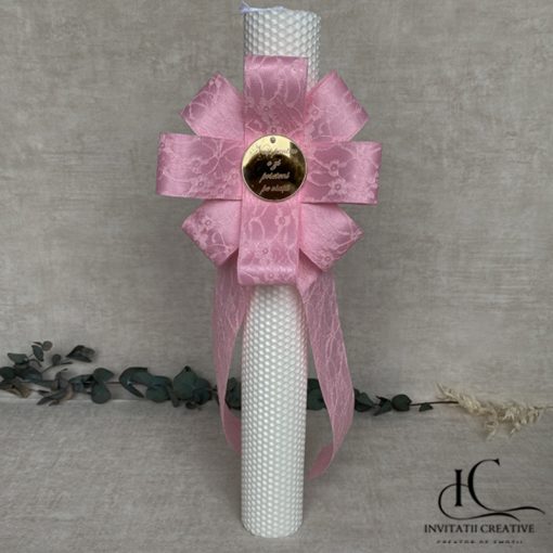 Lumanare Botez Fata Floare Dantela Roz Banut cu Mesaj