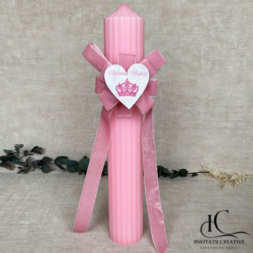 Lumanare Botez Floare Catifea cu Inima Personalizata Coroana Regala