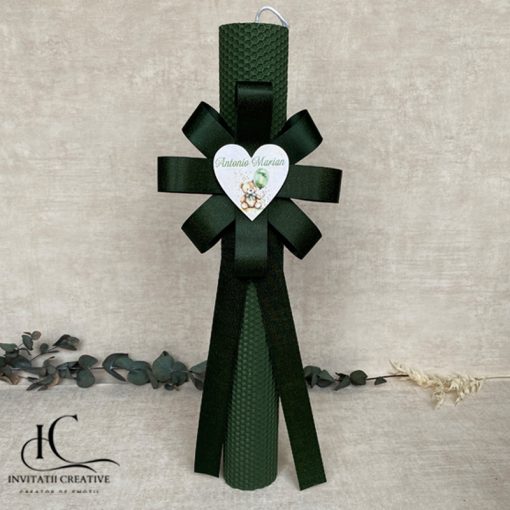 Lumanare botez baiat verde personalizata ursulet cu baloane