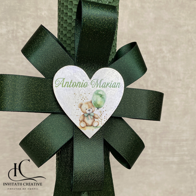 Lumanare botez baiat verde personalizata ursulet cu baloane - imagine 2