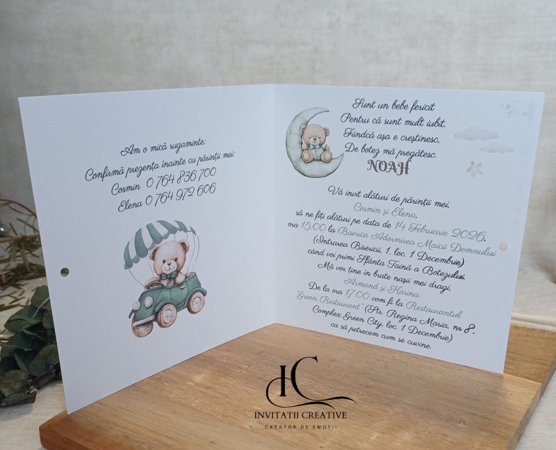 Invitatie de Botez cu Ursulet Somnoros si Ursulet in Masina Verde 2