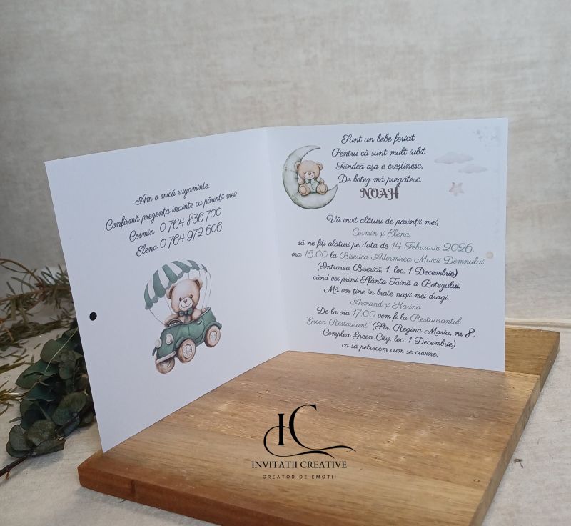 Invitatie de Botez cu Ursulet Somnoros si Ursulet in Masina Verde 3