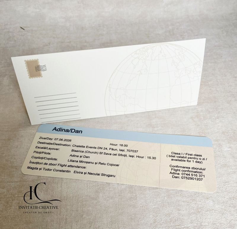 Invitatie de Nunta Bilet Calatorie cu Avion si Glob Pamantesc 1