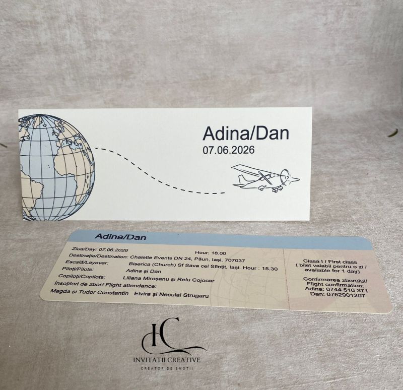 Invitatie de Nunta Bilet Calatorie cu Avion si Glob Pamantesc 3