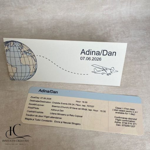Invitatie de Nunta Bilet Calatorie cu Avion si Glob Pamantesc