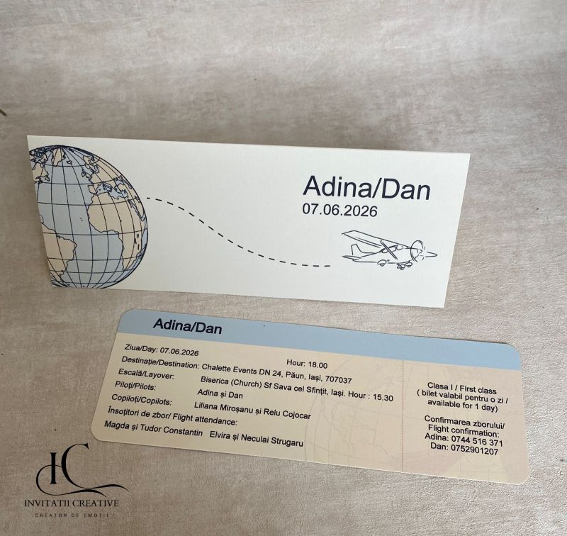 Invitatie de Nunta Bilet Calatorie cu Avion si Glob Pamantesc