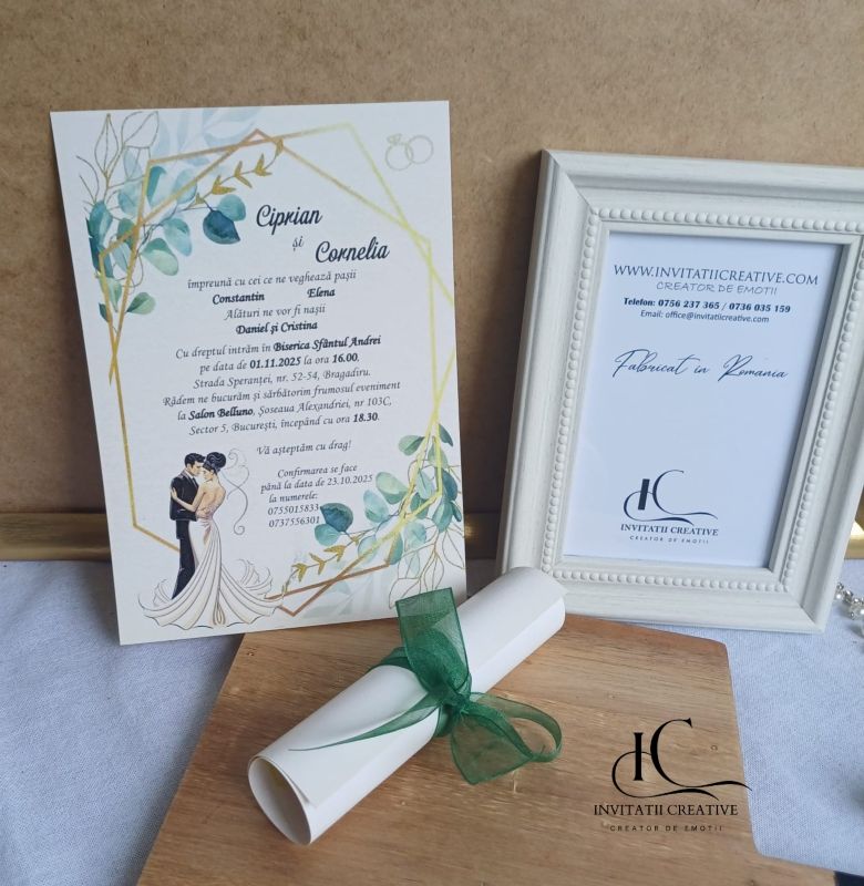 Invitatie de Nunta Papirus cu Miri si design auriu cu frunze verzi 1