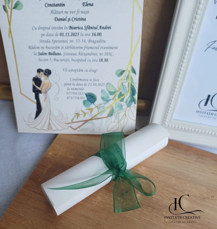 Invitatie de Nunta Papirus cu Miri si design auriu cu frunze verzi 2