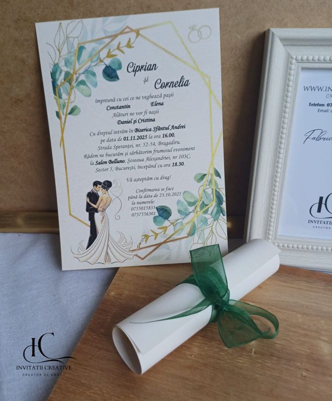 Invitatie de Nunta Papirus cu Miri si design auriu cu frunze verzi 3