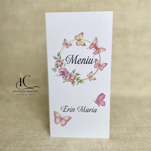 Meniu Coronita cu Fluturi roz si Flori
