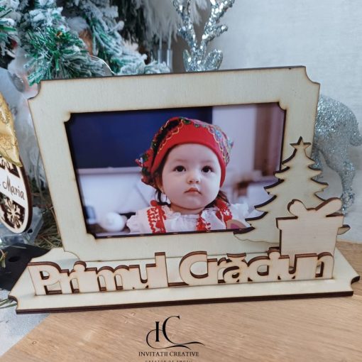 Cadou Rama Foto Lemn 3D Personalizata Primul Craciun