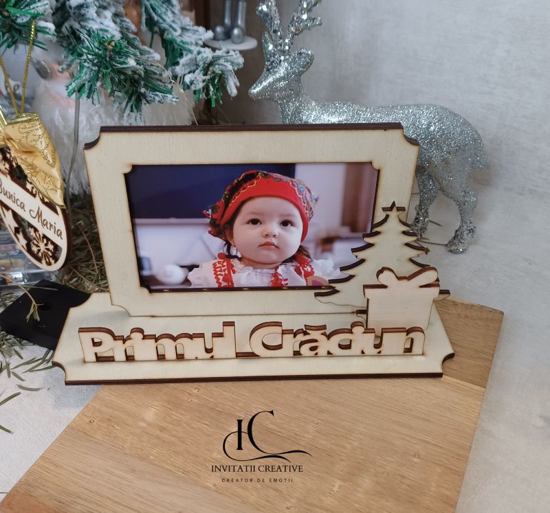 Rama Foto Lemn 3D Primul Craciun