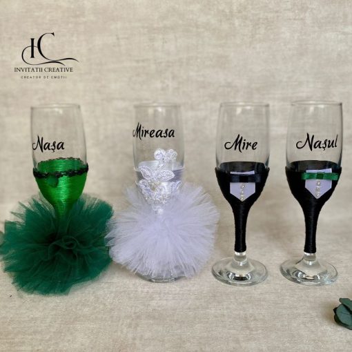 Set 4 Pahare Miri si Nasi Personalizat cu Dantela si Strasuri