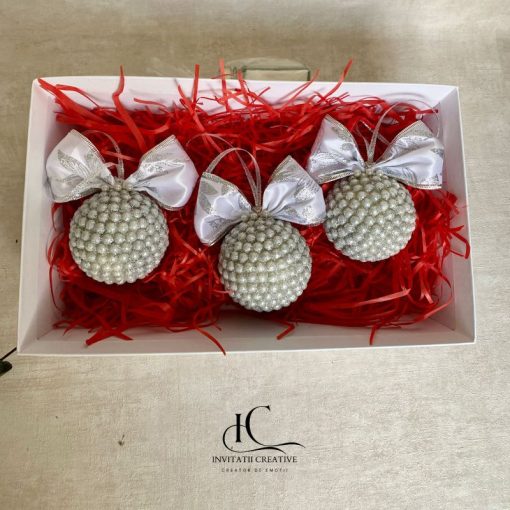 Set 3 Globuri Deluxe cu Perle si Sclipici Argintiu