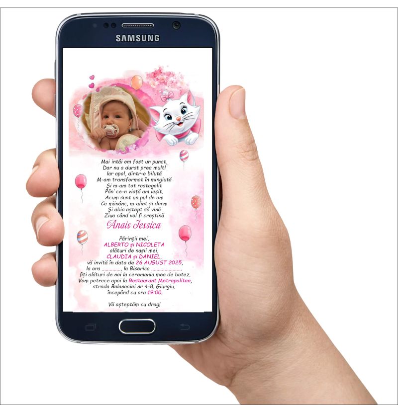 Invitatie Digitala Fetita cu Poza si Pisicuta Marie - imagine 2