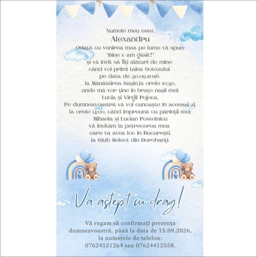 Invitatie Electronica Baietel Ursuleti cu Baloane Bleu