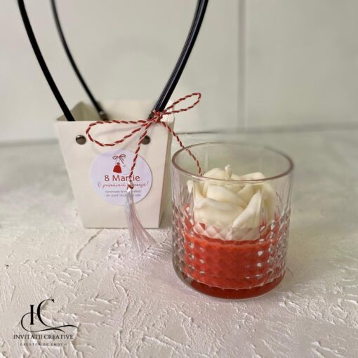 Lumanare Parfumata Martisor Rosie cu Trandafir Alb