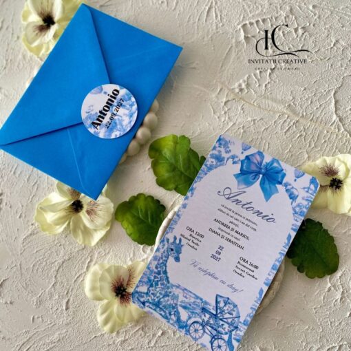 Invitatie de Botez Baiat Dior Safari cu Girafa si Carucior