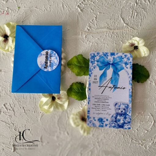 Invitatie de Botez Baiat Dior Vintage Motiv Floral si Ursuleti