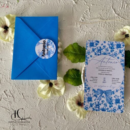 Invitatie Botez Baiat Dior Vintage Ursuleti si Motiv Floral
