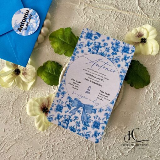 Alternative view of Invitatie Botez Baiat Dior Vintage Ursuleti si Motiv Floral