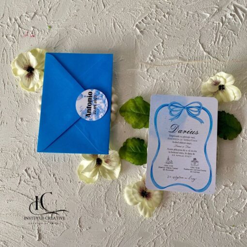 Invitatie de Botez Baiat Eleganta Pastel Bleu cu Fundita