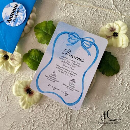 Alternative view of Invitatie de Botez Baiat Eleganta Pastel Bleu cu Fundita