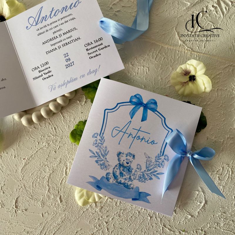 Invitatie de Botez Baiat Eleganta Ursulet Dior