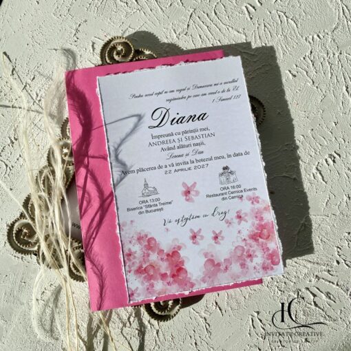 Invitatie de Botez Model Floral Pastel Roz