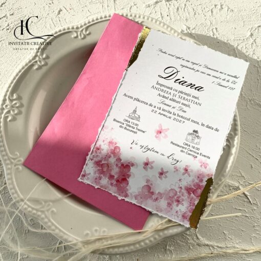 Invitatie Botez Model Floral Pastel Roz si Foita aurie