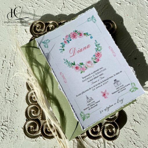 Alternative view of Invitatie Botez cu Motiv Floral Plic verde