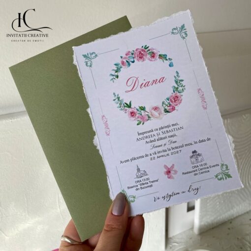 Invitatie Botez cu Motiv Floral Plic verde
