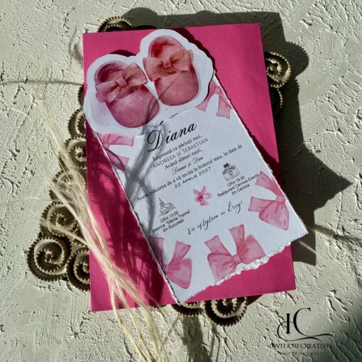 Invitatie de Botez Eleganta cu Botosei si Fundite Roz