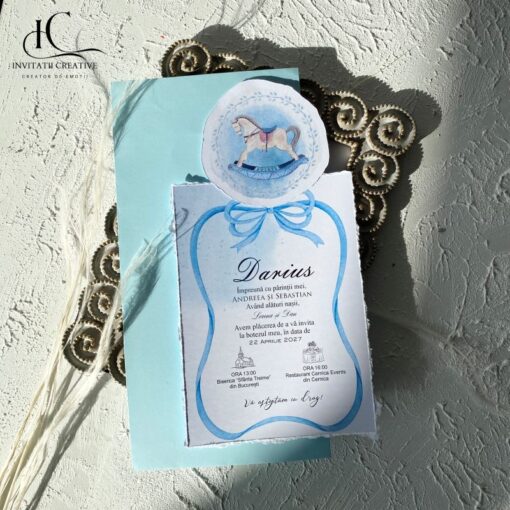 Invitatie de Botez Eleganta Calut Carusel Bleu