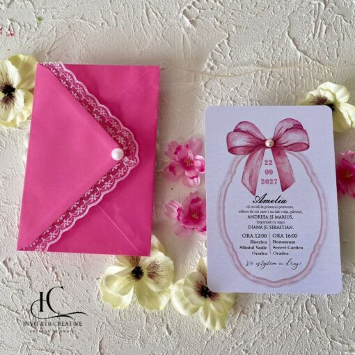 Invitatie Botez Dior Girl cu Perla si Plic cu Dantela