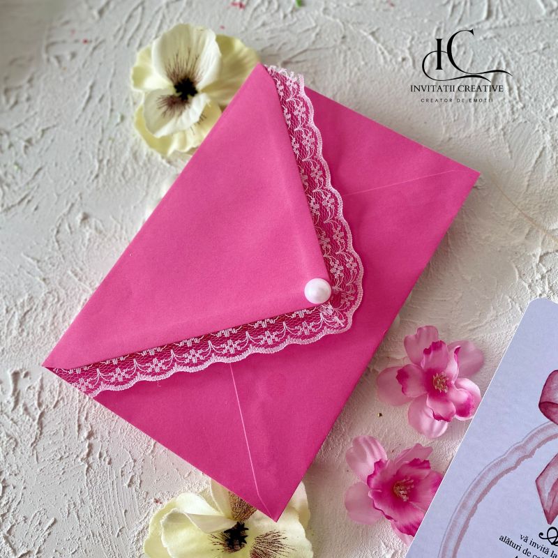 Invitatie Botez Dior Girl cu Perla si Plic cu Dantela - imagine 3