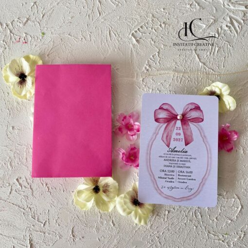 Invitatie de Botez Fata Eleganta Dior Ribbon si Perla