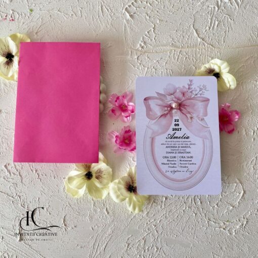 Invitatie Botez Fata cu Perla Model Floral Dior Ribbon