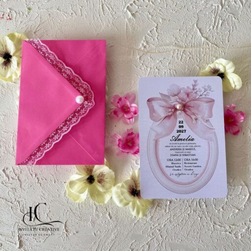 Invitatie de Botez Dior cu Perla Model Floral si Dantela