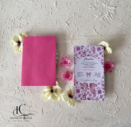 Invitatie Botez Fete Dior Vintage cu Ursuleti si Fundite