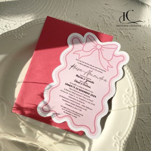 Invitatie Botez Forma Speciala si Funda Eleganta Roz