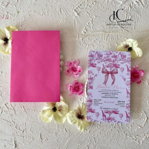 Invitatie de Botez Motiv Safari Dior roz