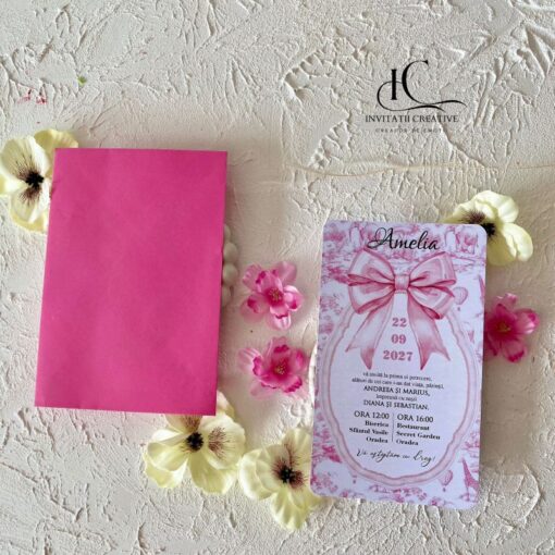 Invitatie Botez Motiv Safari Dior roz cu Fundita Eleganta