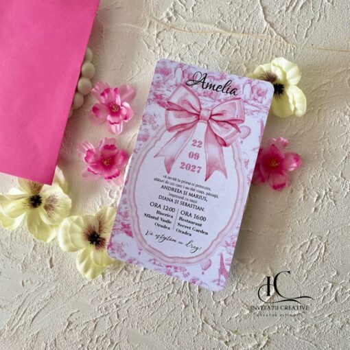 Alternative view of Invitatie Botez Motiv Safari Dior roz cu Fundita Eleganta