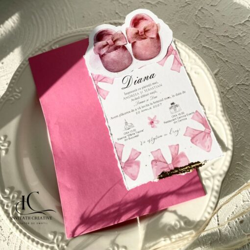 Invitatie Botez Foita Aurie Fundite si Botosei Roz