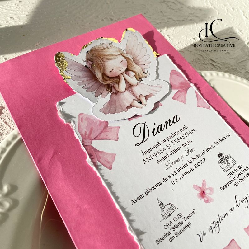 Invitatie de Botez cu Foita Aurie Ingeras Fetita si Fundita roz - imagine 5