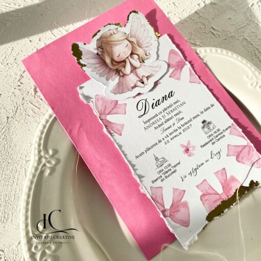Invitatie de Botez cu Foita Aurie Ingeras Fetita si Fundita roz
