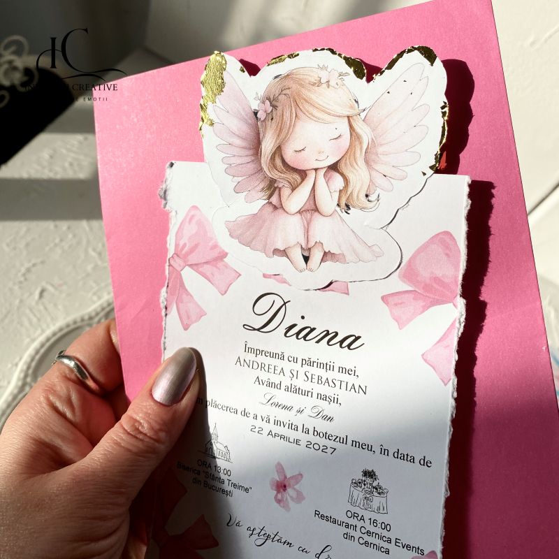 Invitatie de Botez cu Foita Aurie Ingeras Fetita si Fundita roz - imagine 4