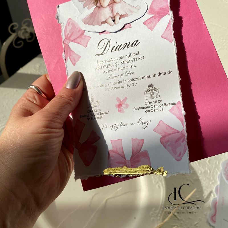 Invitatie de Botez cu Foita Aurie Ingeras Fetita si Fundita roz - imagine 3