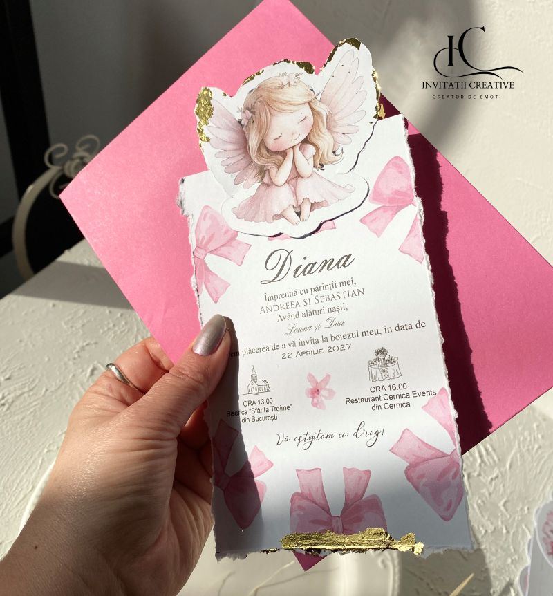 Invitatie de Botez cu Foita Aurie Ingeras Fetita si Fundita roz - imagine 2